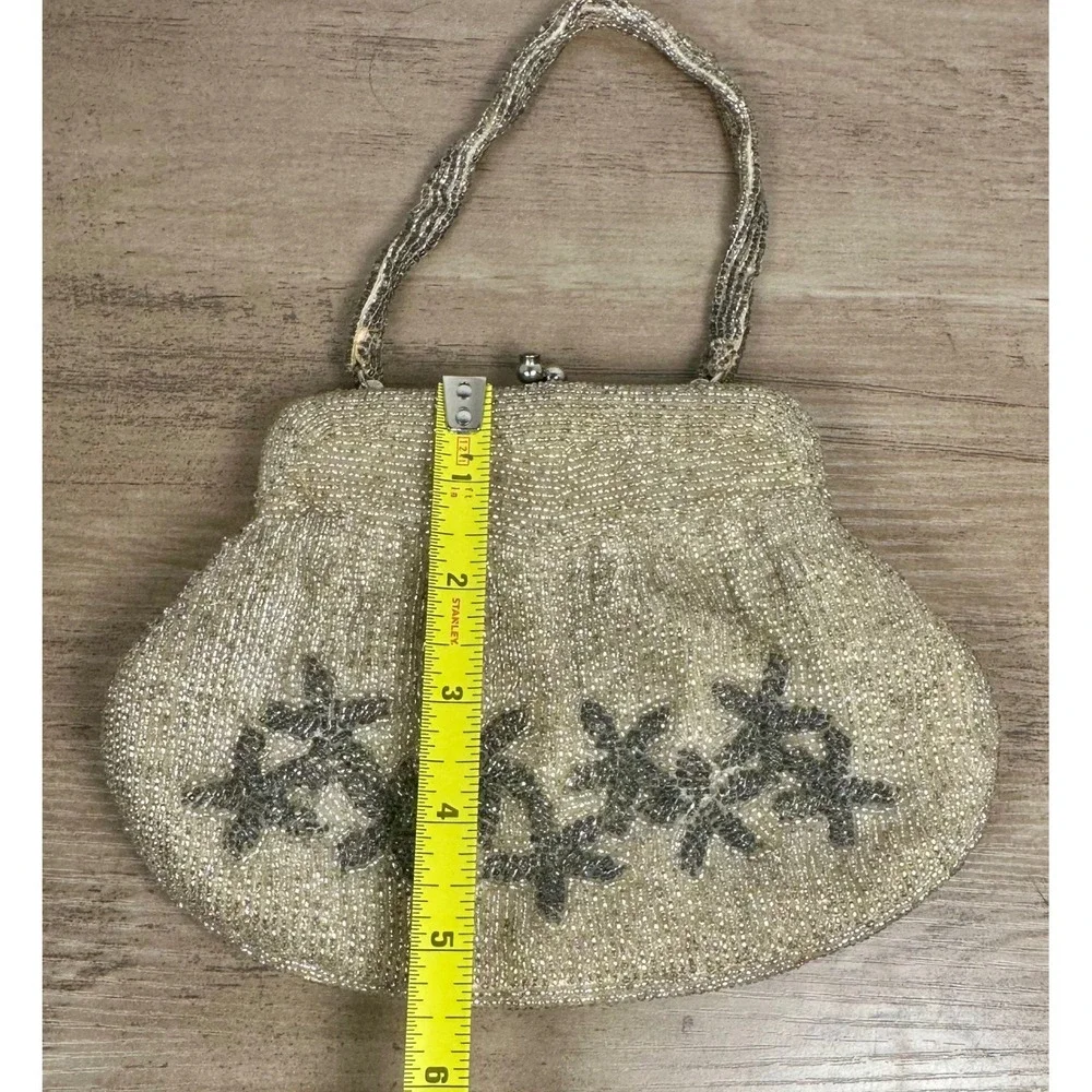 Vivant Sarne‎ Vintage Beaded Evening Wedding Bag Cream Grey Floral Made in Japan